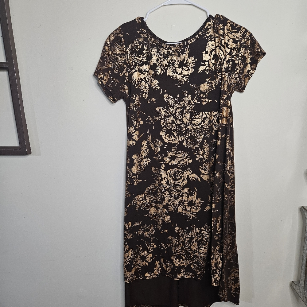 LuLaRoe Carly Dress Metallic Elegant Black Gold Foil Floral XS 2/4 Unicorn